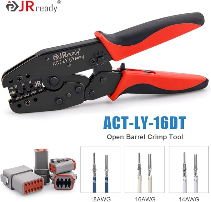 JRready Deutsch Crimp Tool ACT-LY-16DT with 2 3 4 6 8 12Pin DT Connector 1Kit 35Pairs Stamped Contacts, 3 PCS deutsch pin removal tools ST6341-16DT