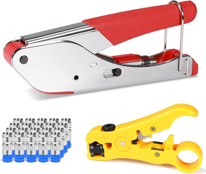 Coax Cable Crimper Kit Coaxial Cable Rg6 Compression Tool Kit with 20PCS F RG6 Connectors, Wire Coax Cable Stripper Tool