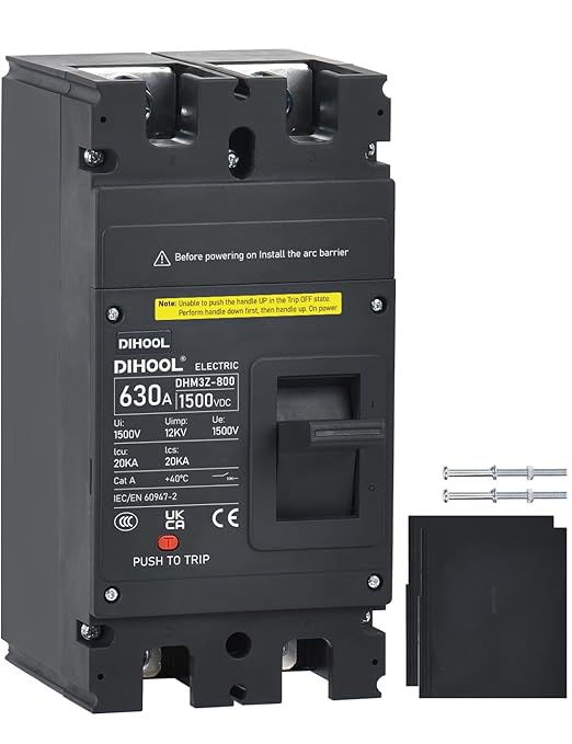 DIHOOL 630 Amp DC Circuit Breaker,2P 1500V 20kA,Heavy Duty Battery Disconnect Switch with Thermal Magnetic Trip for Solar System