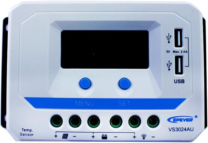 EPEVER 30amp Charge Controller PWM 30A 12V/24V Solar Panel with Dual USB Ports Output and LCD Display for Solar System (VS3024AU)