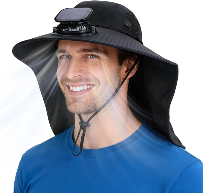 Solar Fan Hat Wide Brim Hat with Fan Sunscreene Neck Flap 3-Speed Outdoor Sun Hat for Fishing,Hiking,USB Solar Charging