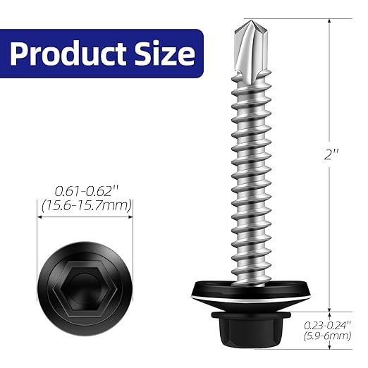 #14 x 2 Zinc Plated Steel Self Drilling Roofing Screws, Hex Head Self Tapping Screws with EPDM Washer, Black Head, 50 PCS