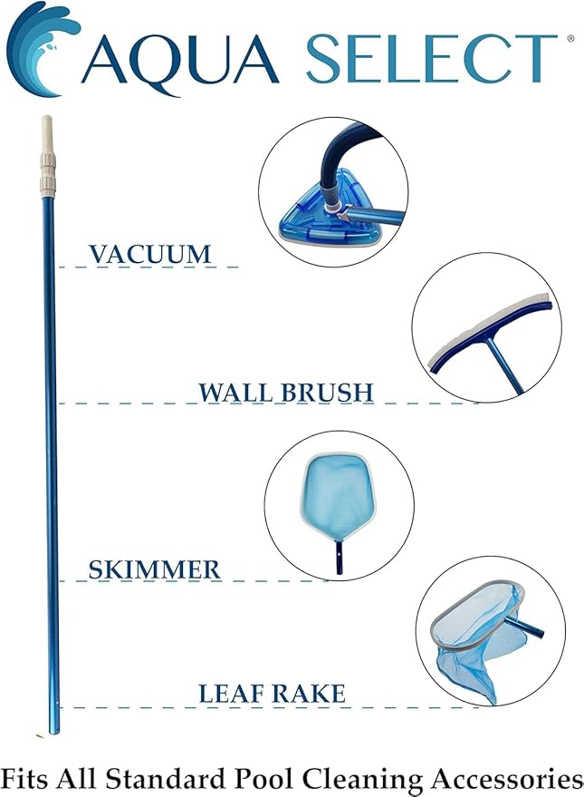Aqua Select 6-12 Foot Telescoping Pool Vacuum Pole | Aluminum Pole for Skimmers Brushes Vacuums | Expandable Swimming Pool Pole | Attach to Pool Brushes, Nets and Skimmer Nets