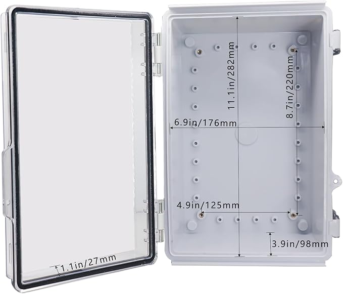 Waterproof Outdoor Electrical Box Junction Box Weatherproof IP67 ABS Plastic Enclosure Switch Router Project Box with Mounting Plate with Wall Bracket 2 Cable Glands Clear 11.81" x 7.87" x 5.12"