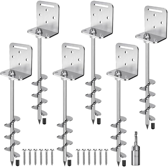 18'' Ground Anchors Screw in 10mm Solid Steel with L Bracket, for Trampoline Mobile Home Swing Set Shed Carport Tent Stakes Earth Anchor Tree, 2" Helix Blade & Chrome Plated Finish, 6Pcs