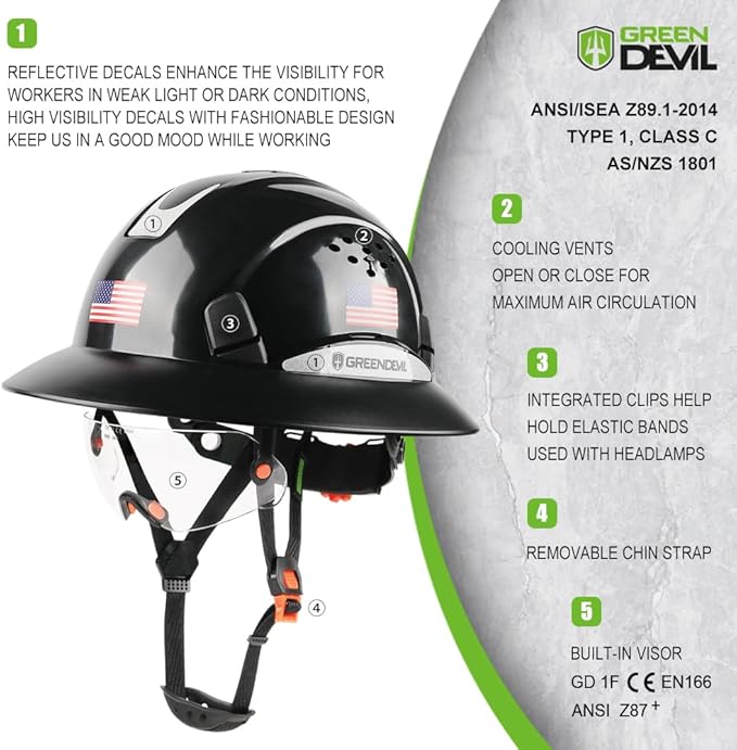 Full Brim Hard Hat Vented Construction Safety Helmet OSHA Approved Cascos De Construccion Work Hardhats with Cooling Towel for Men&Women 6 Point Adjustable Ratchet Suspension