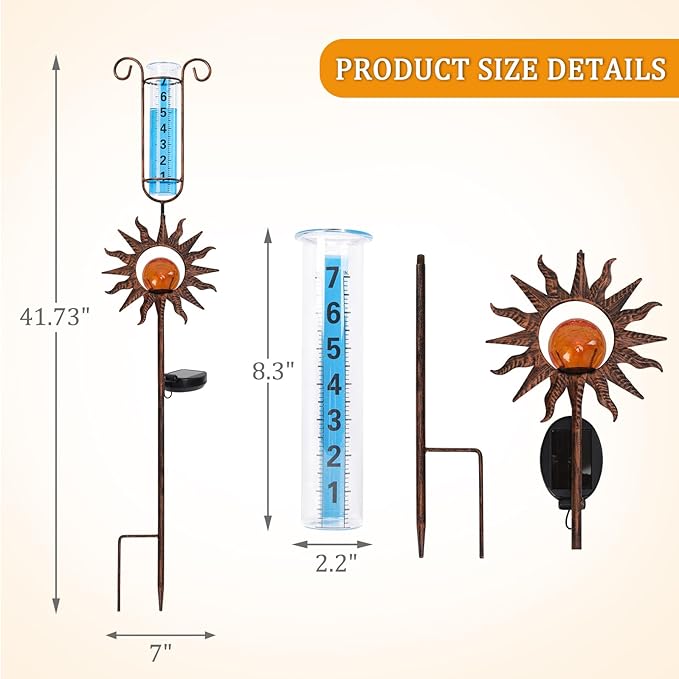 WONDER GARDEN Solar Rain Gauge Outdoor, Sun Decorative Rain Gauges Outdoors Best Rated with Orange Crackled Glass Ball, Freeze Proof Water Rain Measure Gauge for Yard Patio Lawn Decor