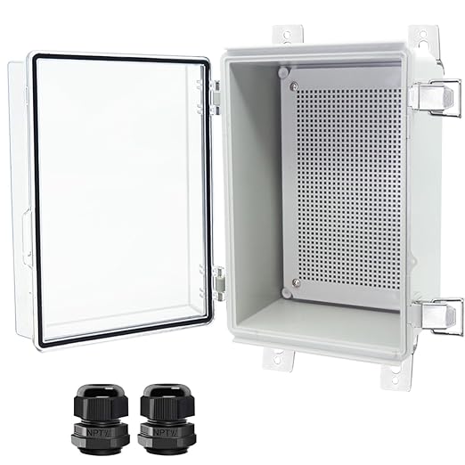 Junction Box, Hinged Clear Cover Stainless Steel Latch IP67 Waterproof ABS Project Box with 2 Cable Glands,Electrical Box Enclosure with Mounting Plate & Wall Bracket 11x7.5x5.5inch