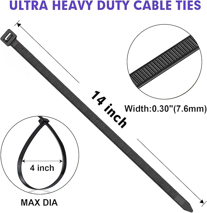 Zip Ties, RAZCC 1200pcs Black Cable Zip Ties 14 Inch, Heavy Duty Plastic Wire Ties with 100lb Tensile Strength, Self-Locking Black Nylon Tie Wraps for Indoor and Outdoor