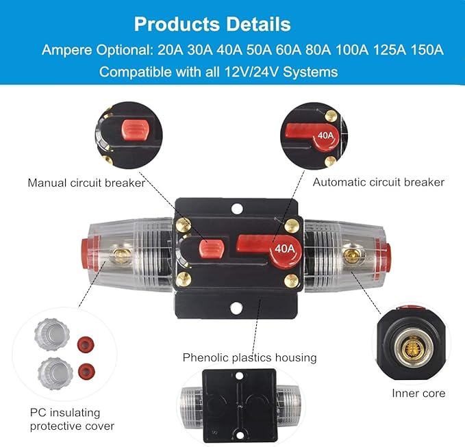 30A 40A 50A 60A 80A 100A 150A Audio Circuit Breaker Auto Car Stereo Inline Fuse Holders Inverter, Manual Reset 12V-24V DC for Automotive Marine Boat Audio System Protection (40A)