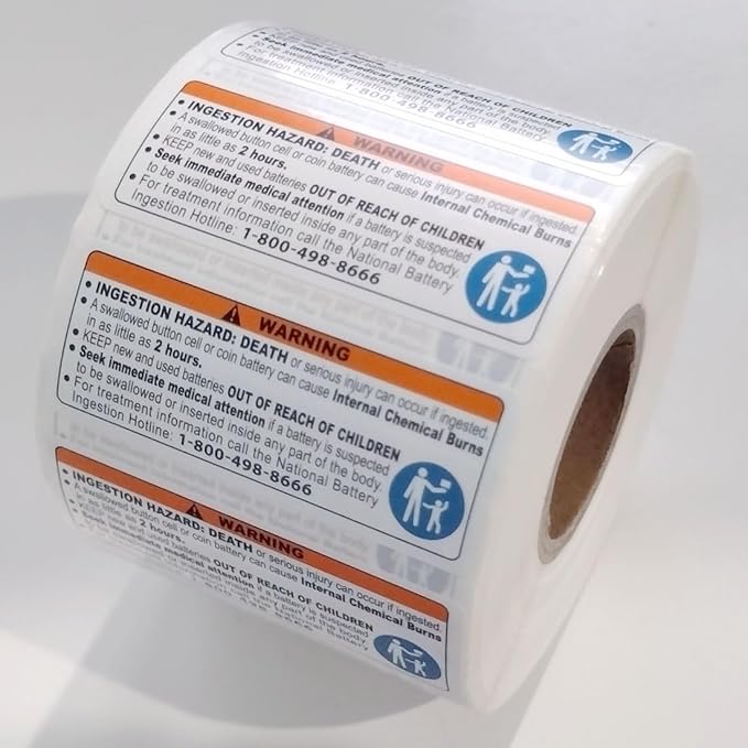 1,000 Button Cell or Coin Battery Warning Stickers Reese’s Law Compliant Small 2” x 0.8” Child Safety Ingestion Hazard Labels for Consumer Product Packaging Legible Text Oil-Proof Untearable Laminated