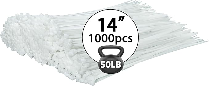White Zip Ties 14 inch (1000 Pack), Clear, 50 lb, UV Resistant Cable Ties for Outdoor Use, LOCKLOCK