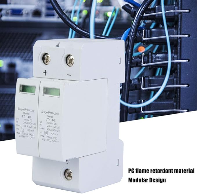 2P Surge Protective Device 1000V DC PC Flame Retardant Shell Photovoltaic Lightning Protector Low-Voltage Arrester, Installation with Standard 36MM Guide Rail (2P 40KA)