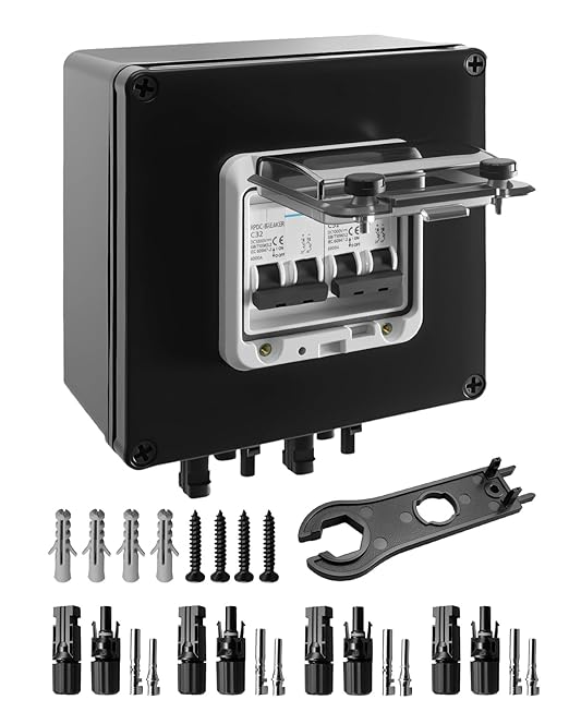 Solar Panel Disconnect Switch, 32A 1000V DC Circuit Breaker Box, 2 String PV Disconnect 2 in 2 Out, IP67 Waterproof Solar Isolator with MC4 Connectors for PV Array, Off-Grid & On-Grid Systems