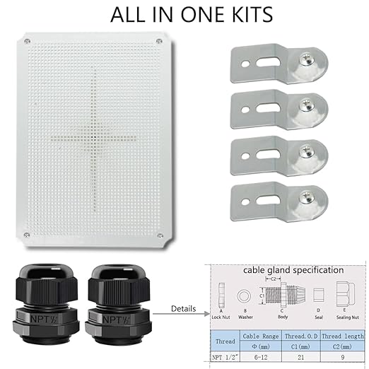 Junction Box, Hinged Cover Stainless Steel Latch IP67 Waterproof ABS Project Box with 2 Cable Glands, Electrical Box Enclosure with Mounting Plate & Wall Bracket 15.7 x 11.8 x 7.1inch