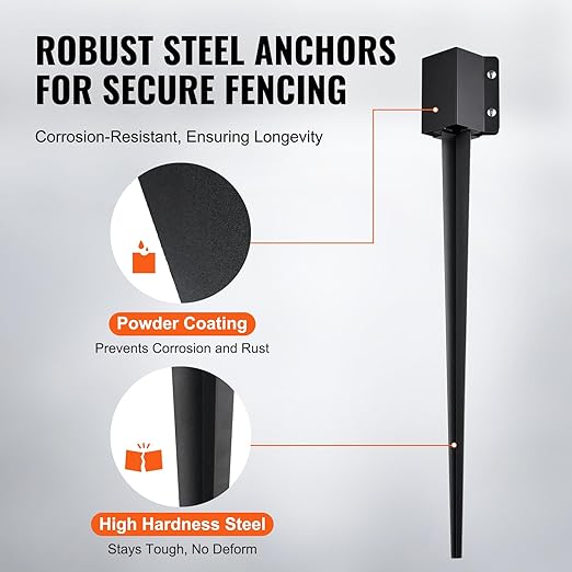VEVOR Fence Post Anchor, 4-Pack Ground Spike, 36x4x4 OD (3.5x3.5 ID), Durable Metal, Black Powder Finish, Ideal for Mailbox, Deck, and Garden Railings
