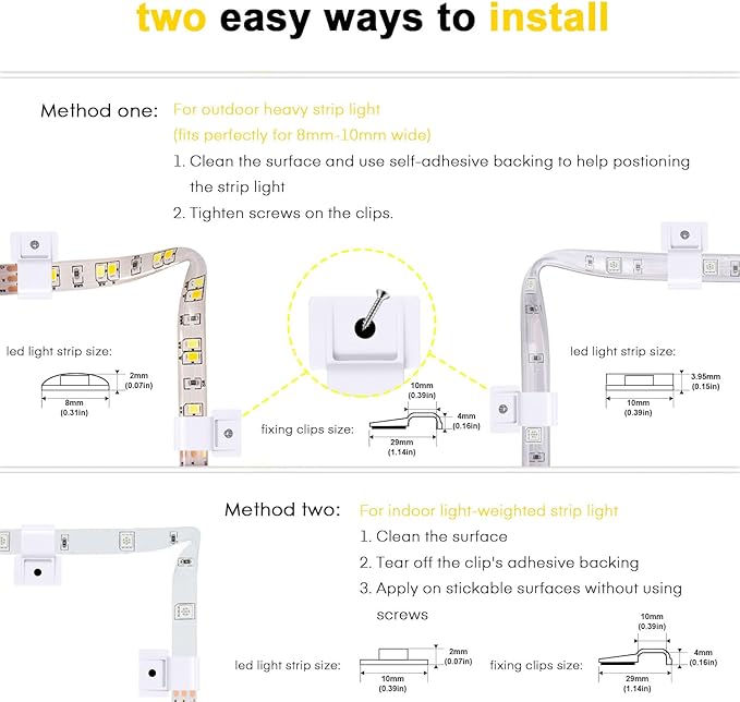 50 Pcs Outdoor LED Strip Light Mounting Clips Self Adhesive with Screws Mounting Holder, Cable Wires Organizer Clips for 8mm to 10mm Width Rope Light Clips Indoor Room and Outdoor