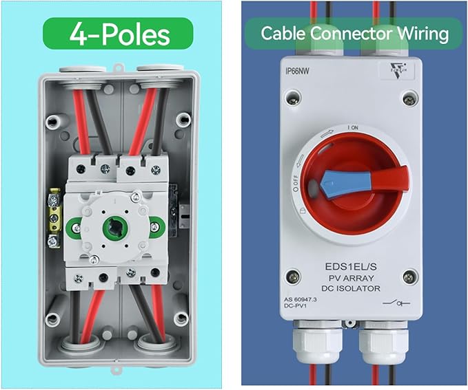 32Amp Waterproof IP66 Solar Disconnect Switch 4-Pole Red DC1500V Isolator Solar Switch with Enclosure for Rooftop Solar Systems, RVs and Boat