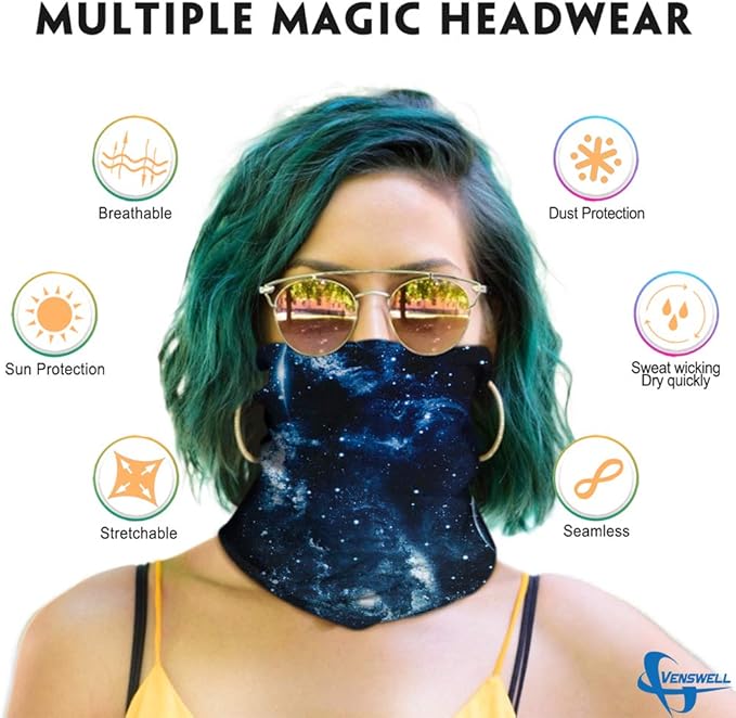 Venswell Neck Gaiter Face Mask Men Women,Seamless Bandana Rave Face Cover Scarf Mask,Balaclava,Headband, Head Wrap,Headwear