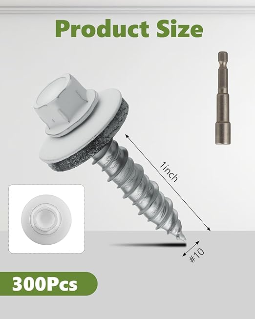 300Pcs White Sheet Metal Screws, 10 x 1 Inch White Ruspert Coating Hex Head Metal Roofing Screws with Rubber Washers for Metals and Corrugated Roofing Panels