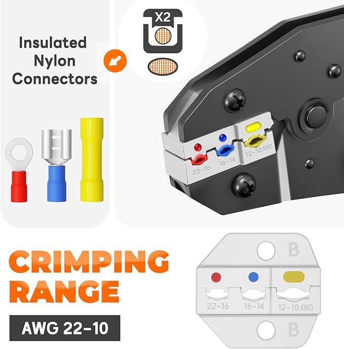 Crimping Tool for Insulated Electrical Wire Connectors - AWG 22-10 Ratcheting Wire Crimper Tool - Ratchet Wire Terminal Crimping Pliers - Wire Crimping Tool for Insulated Connectors