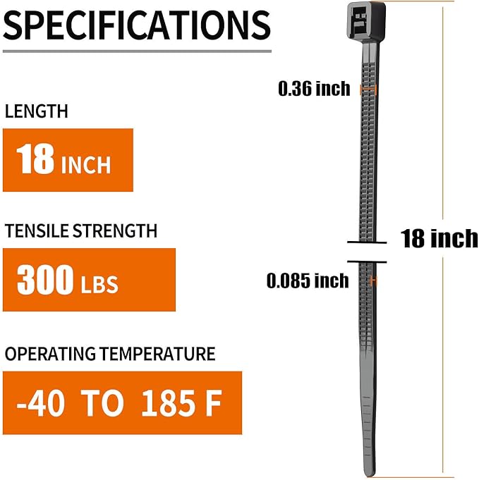 18 inch Black Long Zip Ties Heavy Duty (100 Pack), 2025 New Patented Design, 300 LBS Ultra Strong Tensile Strength, Self-Locking Nylon PA66 UV Resistant Cable Ties for Indoor and Outdoor Use