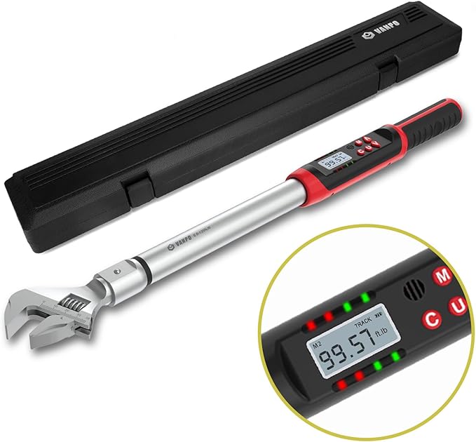 VANPO Hvac Torque Wrench 5-99.6 ft.lb/6.8-135 N.m, 14×18 mm Open End, 38 mm Adjustable Jaw, Accuracy ±2%, LED and Buzzer Notification, Adjustable Torque Wrench for Mini Split AC, Pipeline