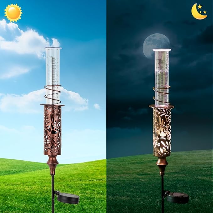 Rain Gauge Outdoor, Hollow Out Hummingbird Solar Rain Gauge, 7 Inch Tube Rain Measure Gauge with Stake, Decorative Metal Rain Measure Tool for Yard, Lawn Ornaments