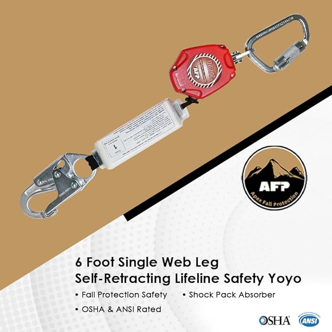 AFP Demon 6 Foot Single Web Leg Self Retracting Lifeline Safety Yoyo, Shock Pack Absorber, Steel Snap Hook & Steel Carabiner Fall Protection Arrest Limiter SRL | OSHA & ANSI Rated