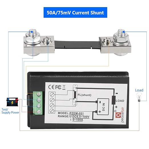 PZEM-051 LCD Display DC 6.5-100V Digital Electric Power Energy Voltage Current Meter Power Energy Battery Monitor Amperage Meter Gauge with Built-in Shunt(50A Shunt)