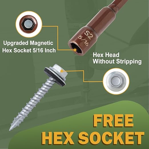LIONMAX Metal Roofing Screws #10 × 2 Inch, 300-PCS, Rustproof Coating Hex Head Sheet Metal to Wood Siding Screw with Rubber Washer, Sharp Point, Hex Socket Included