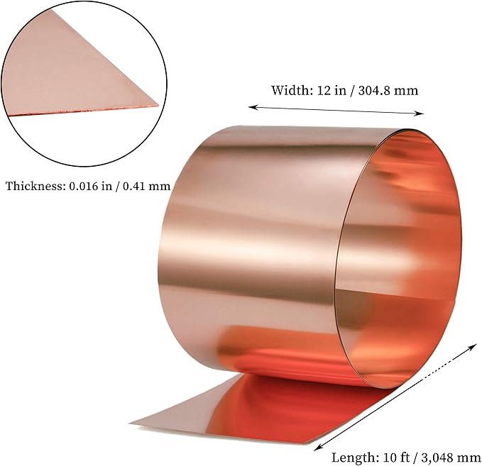GOORY Copper Flashing 26 Gauge - 12in x 10ft 0.016"(0.41mm) Thickness Roof Flashing Roll - 99.95+% Pure Copper Sheet Metal ASTM B152 - Roofing Repair DIY Project Contractor Jewelry Crafts