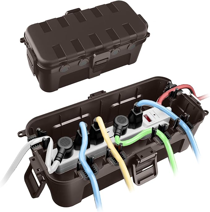 QUOBAS 2 Pack Outdoor Waterproof Electrical Box with 6 Cable Ports, IP54 Weatherproof Heavy-Duty Extension Cord Cover for Power Strips, Garden Power Tools, Holiday Lights, Brown
