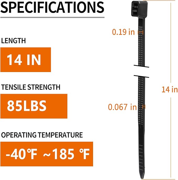 14 inch Black Zip Ties (100 Pack), 2025 New Patented Design, 85 LBS Tensile Strength, Self-Locking Nylon PA66 UV Resistant Cable Ties for Indoor and Outdoor Use