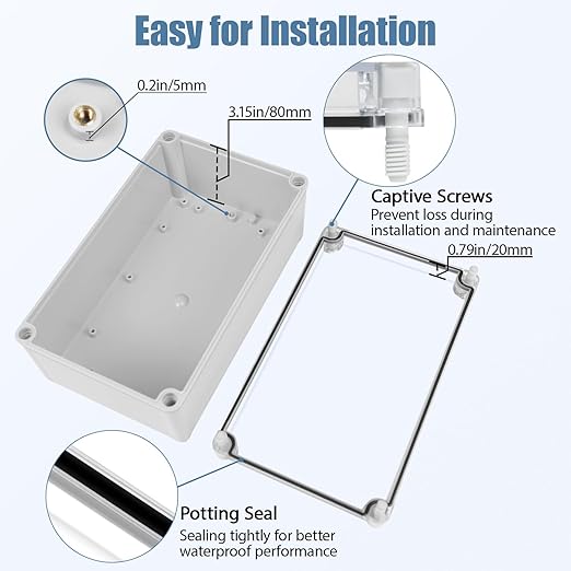LeMotech Junction Box IP67 Waterproof Dustproof Electrical Box Project Box DIY Enclosure Gray with Transparent Clear Cover, External Size 9.8x5.9x3.9in (250x150x100mm)
