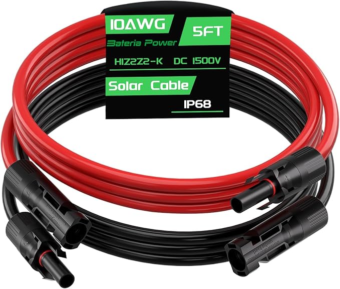 5Feet 10AWG Solar Panel Extension Cable, Bateria Power 10 Gauge 6mm² PV Wire with Female & Male Waterproof Connectors for RV, Photovoltaic Systems, Set of 2