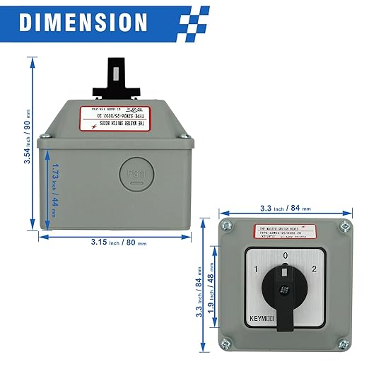 25A Rotary Changeover Switch with Exterior Box for Solar Power System, 3 Position 2 Phase 8 Terminals, 2-Way 2NO 2NC Universal Selector Switch 25/D202.2D