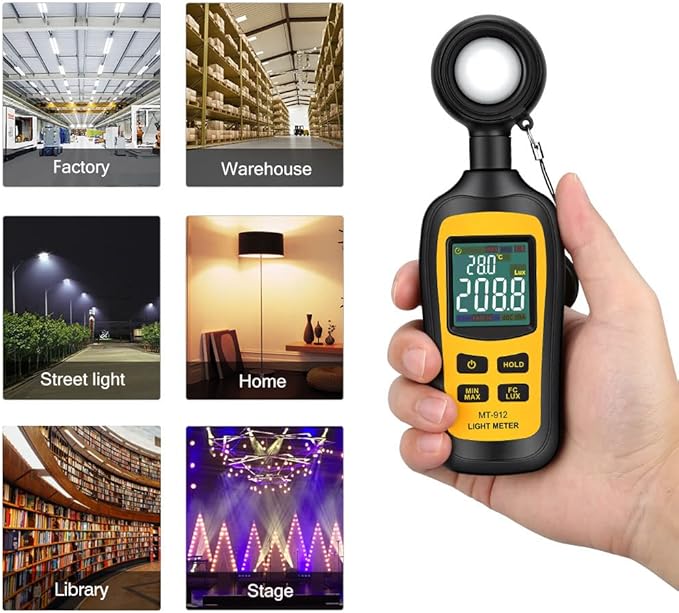 Light Meter Digital Illuminance Meter Handheld Ambient Temperature Measurer, Range up to 200,000 Lux, Luxmeter with 4 Digit Color LCD Screen