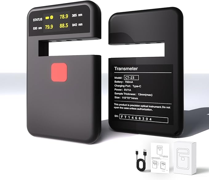 Digital Tint Meter Handheld Window Tint Solar Film Transmission Meter Type-C Charge VLT UV IR Detection Transmittance Meter Automatic Calibration Auto Glass Solar Film Tester Max 1/2" Thickness