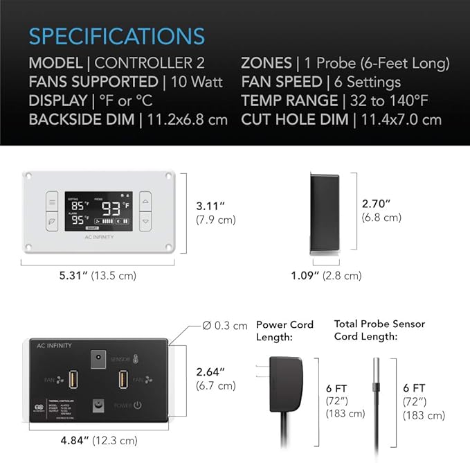 AC Infinity AIRPLATE T8 White, Quiet Cooling Dual-Fan System 6" with Thermostat Control, for Home Theater AV Cabinets
