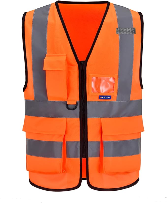 A-SAFETY Orange High Visibility Safety Vest Reflective,3M Multi Pockets Working Vest Working Uniform Zipper Front ANSI/ISEA Standards 7 Pockets Class 2,Large