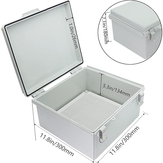 Junction Box, Hinged Cover Stainless Steel Latch IP67 Waterproof ABS Project Box with 2 Cable Glands, Electrical Box Enclosure with Mounting Plate & Wall Bracket 11.8 x 11.8 x 7.1inch