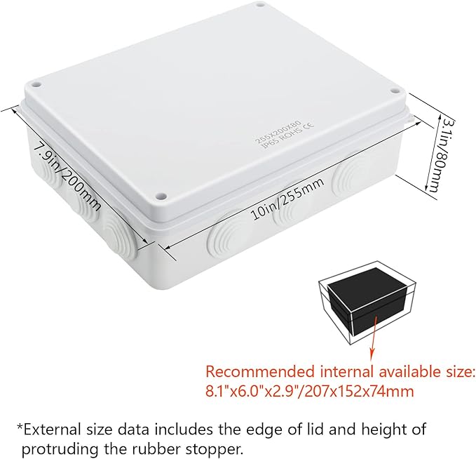 LeMotech Junction Box, ABS Plastic IP65 Waterproof and Dustproof, Universal Electrical Enclosure, Outdoor and Indoor Project Box 10 x 7.9 x 3.1 inch (255 x 200 x 80 mm)