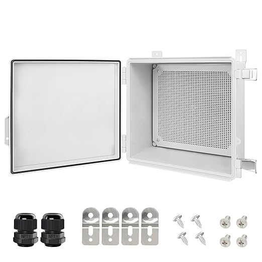 LeMotech Electrical Box, IP67 Waterproof Hinged Cover Stainless Steel Latch Junction Box, ABS Plastic Electrical Enclosure with Mounting Plate,Wall Brackets, Cable Glands, 11.8"x11.8"x7.1", Grey