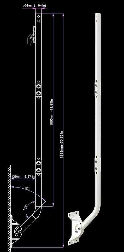 Universal Adjustable Mounting Pole, Steel J-Mount for Attic Outdoor Roof Wall Installation, Weatherproof Mast Pole, Mounting Bracket and Hardware Included (Diameter 1 1/4", Length 49 3/4", White)