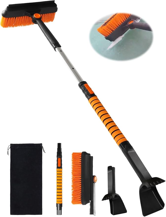 90° Fixed Rotation 3-in-1 Car Snow Brush and Ice Scraper for Cars Windshield with Silicone Squeegee Ergonomic Aluminum Foam Grip Handle 43.3" Extendable for Car Truck SUV Home Winter Snow Removal