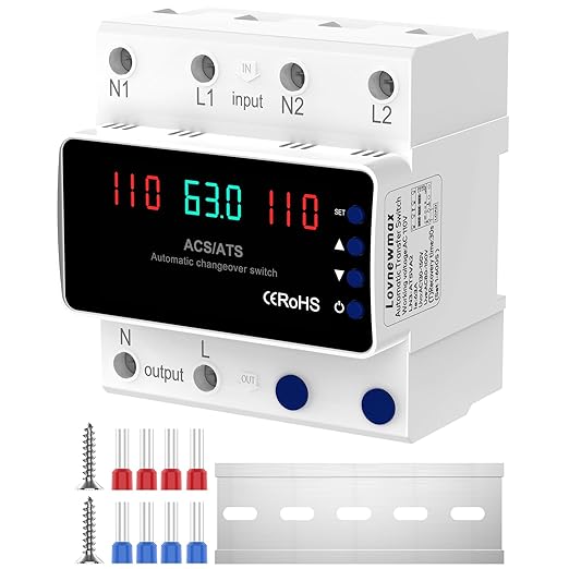 Automatic Transfer Switch 63A 110V, DIN Rail Mount Generator Transfer Switch with Automatic and Manual Operation, LED Display, Over Voltage and Over Current Protection, 50/60Hz