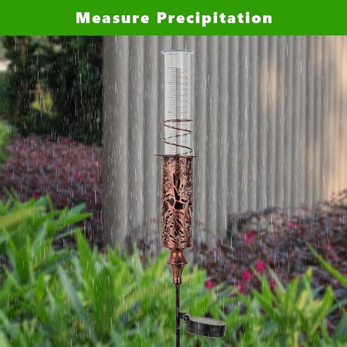 Rain Gauge Outdoor, Hollow Out Hummingbird Solar Rain Gauge, 7 Inch Tube Rain Measure Gauge with Stake, Decorative Metal Rain Measure Tool for Yard, Lawn Ornaments