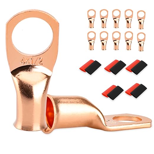 10 PCS Battery Terminal Connectors, Battery Cable Ends Lugs, 4 Gauge Wire Connectors, 4 AWG 1/2" Stud Ring Terminals, Copper Wire Lugs with Heat Shrink Tubing.