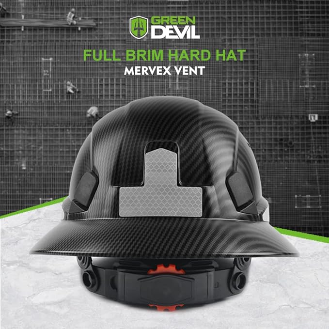 GREEN DEVIL Full Brim Hard Hat Vented Construction Safety Helmet OSHA Approved Cascos De Construccion ABS Work Hardhat for Men&Women 6 Point Adjustable Ratchet Suspension Custom Pattern Design